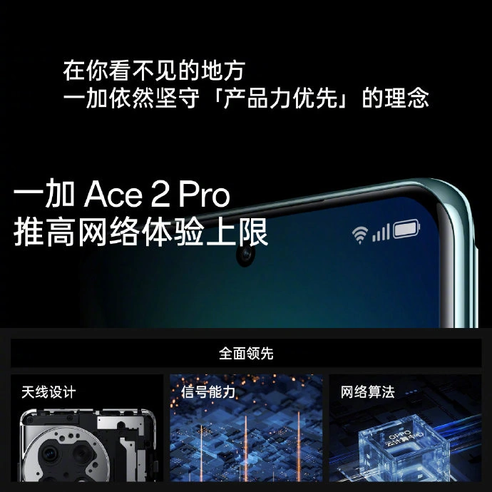一加Ace 2 Pro采用双黄金游戏天线设计，拥有360°环绕式天线，支持全新Wi-Fi7协议