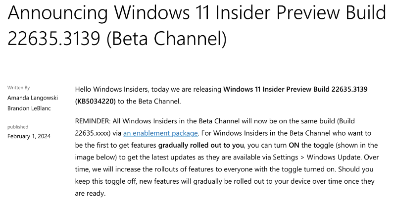 Windows 11 Beta预览版用户推送Build 22635.3139更新