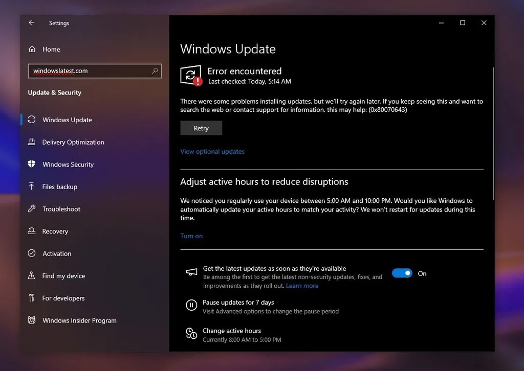微软推送KB5001716更新致Windows 10部分用户遇0x80070643错误