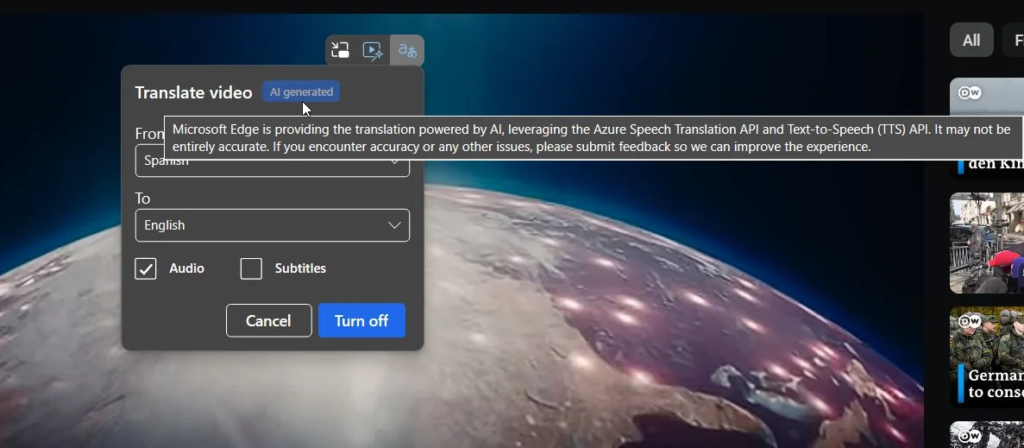 微软Edge浏览器测试新功能：视频播放时可切换翻译