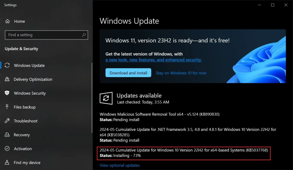 Windows 10推送KB5037768更新