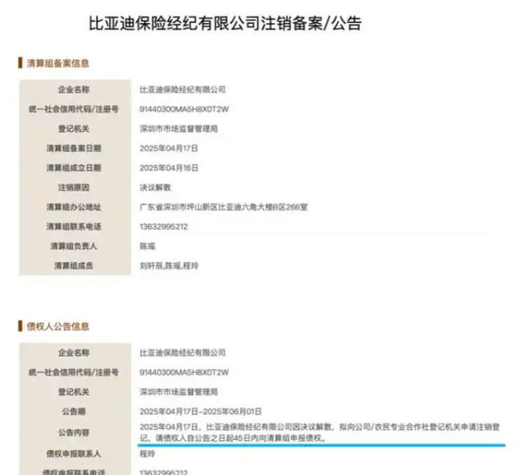 比亚迪保险经纪解散公告