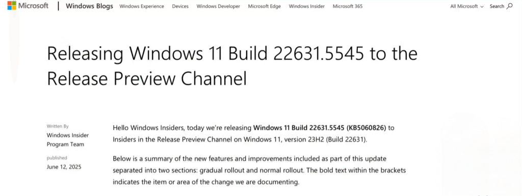 Windows 11 24H2的KB5060826更新,版本号升级至Build 22631.5545