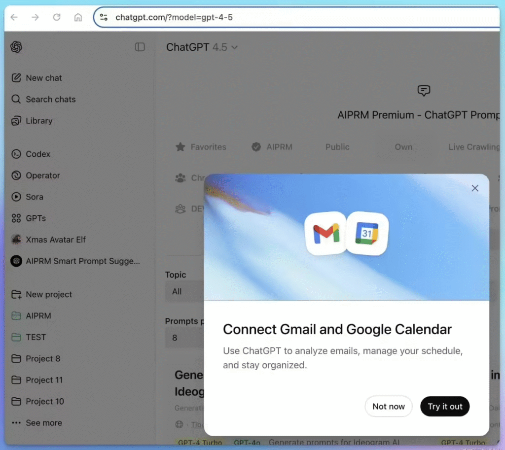 ChatGPT灰度测试整合Gmail和日历功能