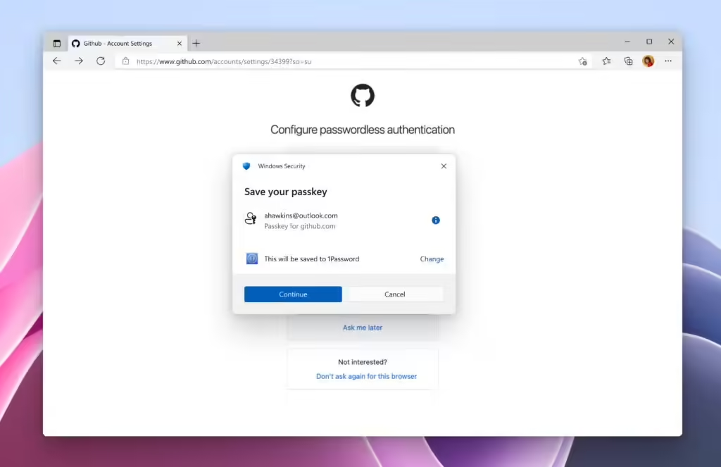 Windows 11 1Password集成Passkey功能