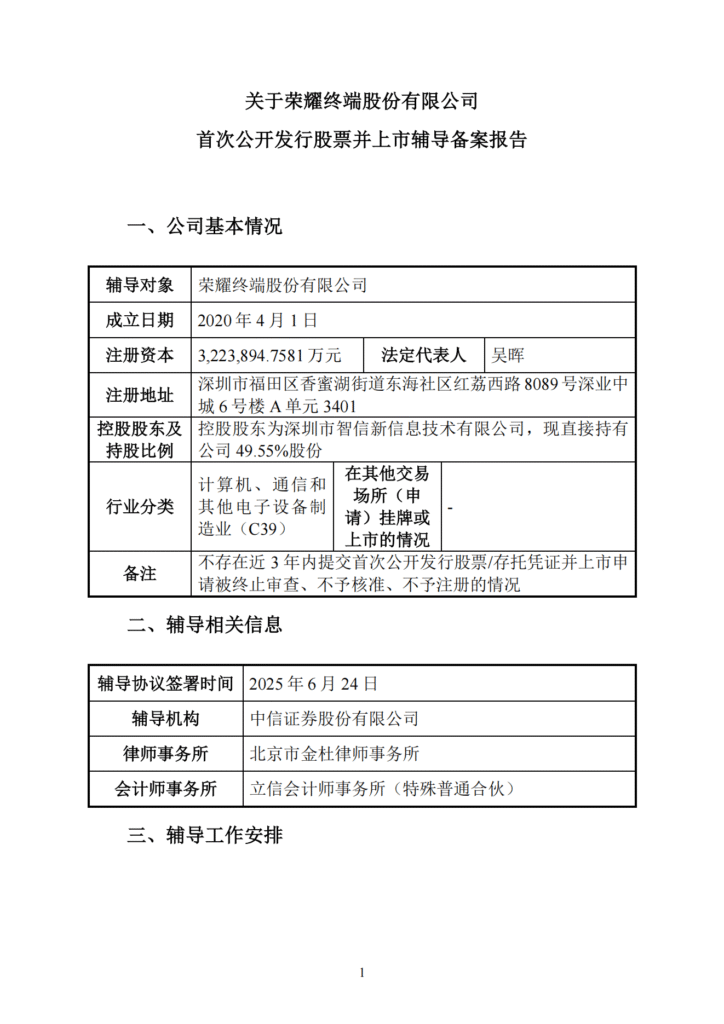 荣耀终端启动上市辅导程序