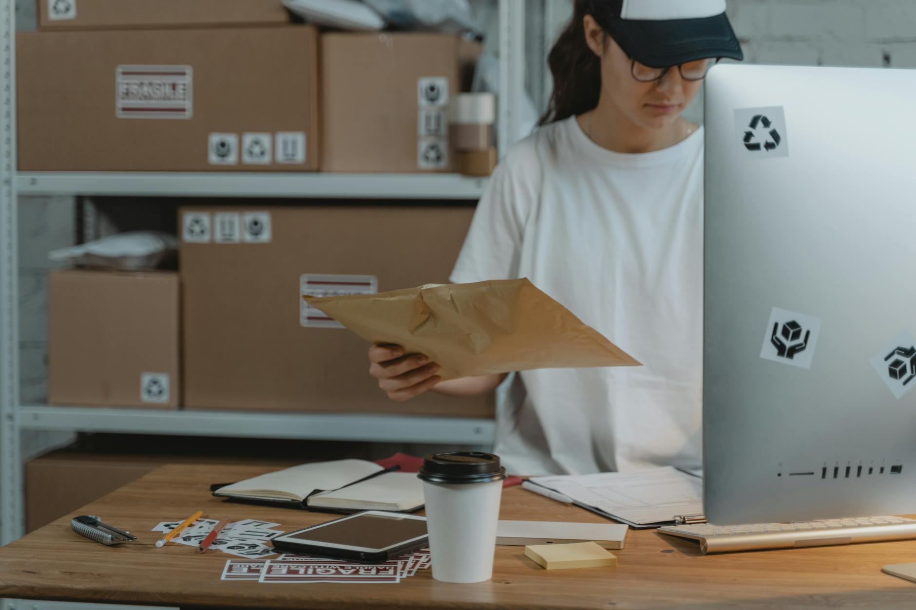 focused woman holding a parcel