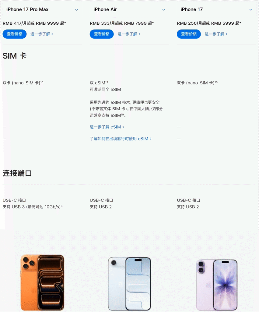 iPhone 17系列中国大陆仅iPhone Air支持eSIM