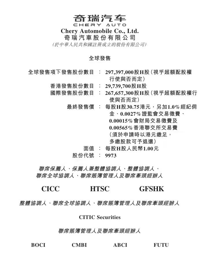 奇瑞汽车港股上市