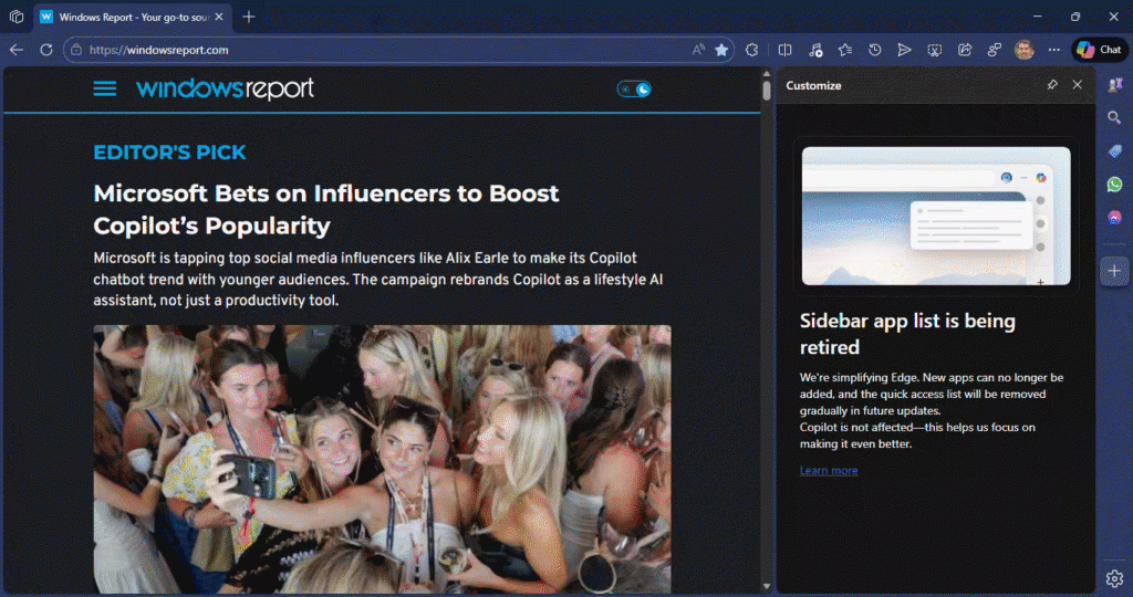 微软计划移除Edge浏览器侧边栏应用列表