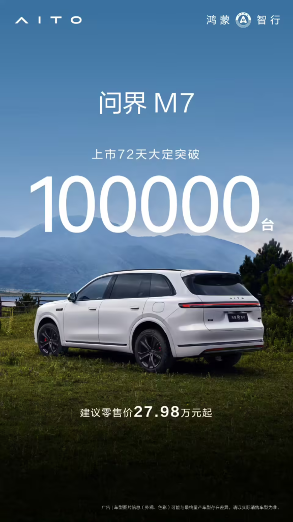 全新问界M7上市72天大定突破10万台
