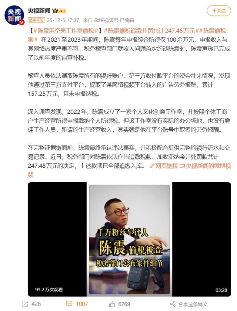 车评人陈震因偷税被罚247万元