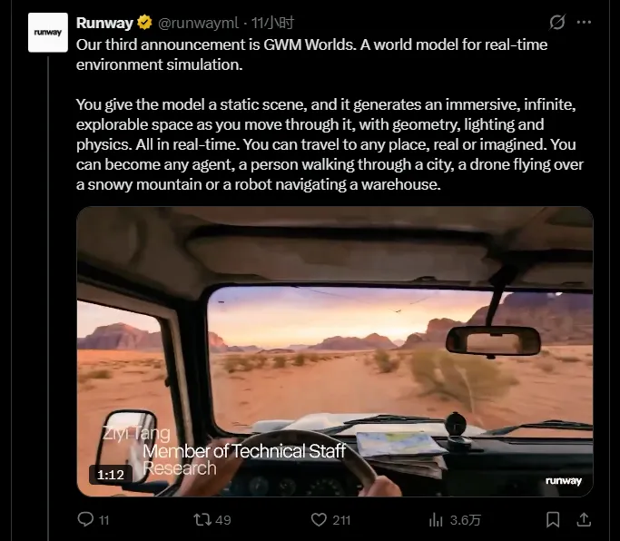 Runway发布GWM-1世界模型