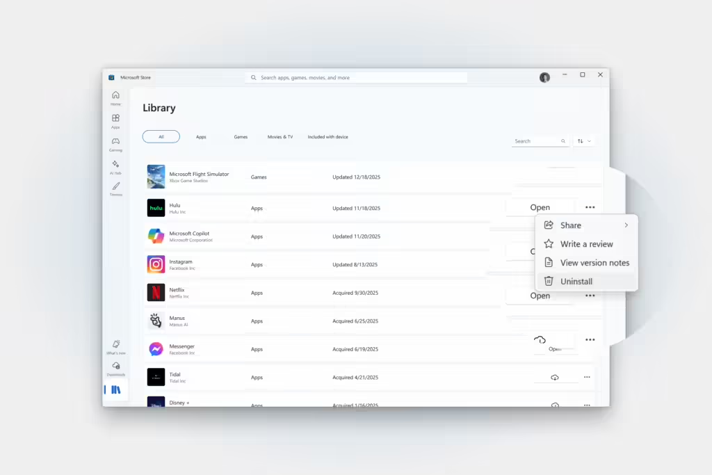 Windows应用商店库页面新增直接卸载功能