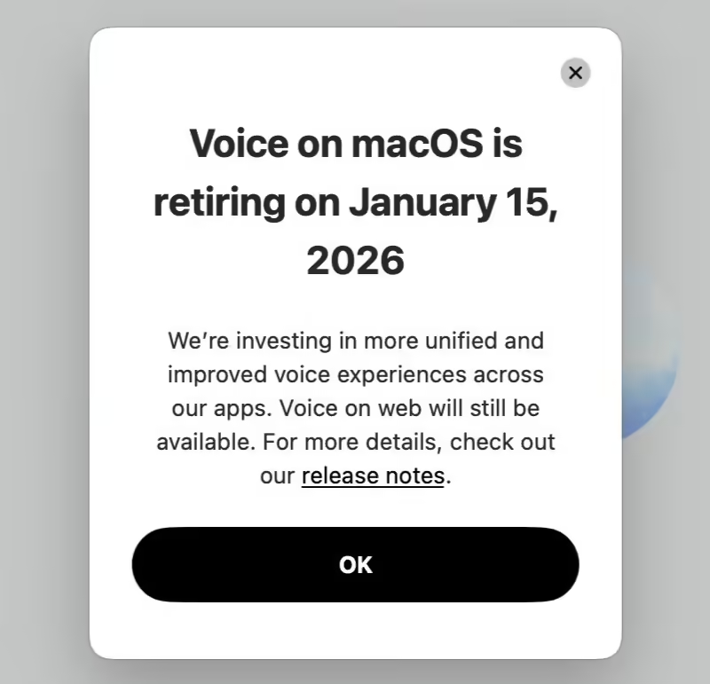 OpenAI宣布2026年初停用macOS版ChatGPT语音模式