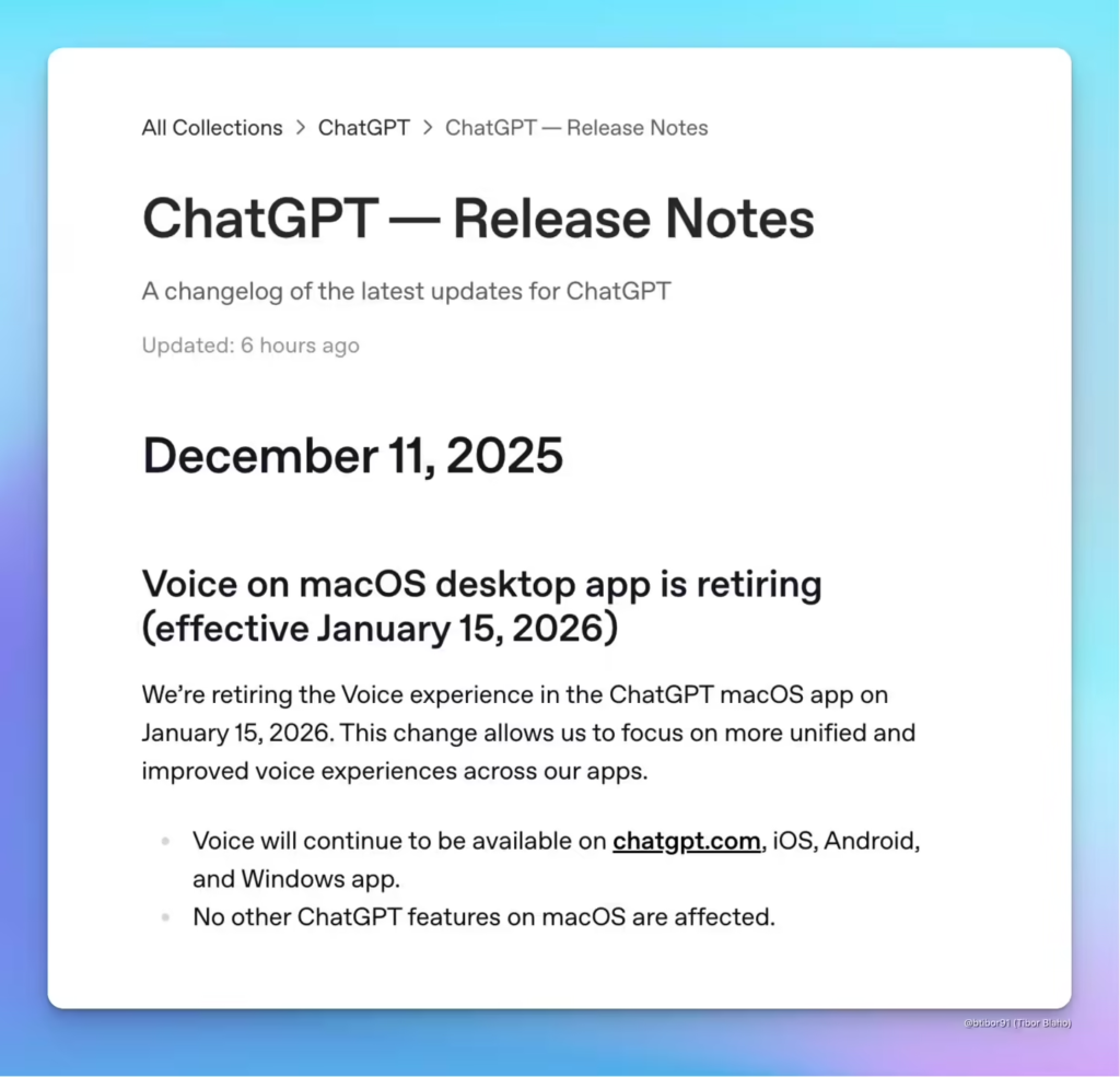 OpenAI宣布2026年初停用macOS版ChatGPT语音模式