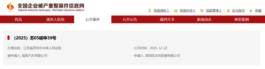 观致汽车正式进入破产程序