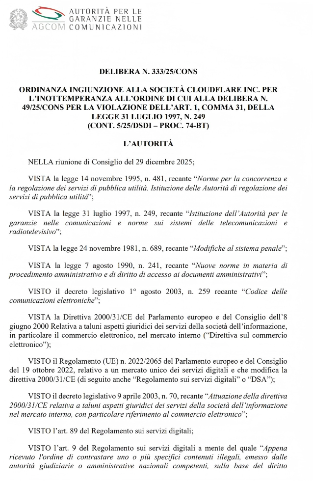 意大利对Cloudflare罚款1420万欧元