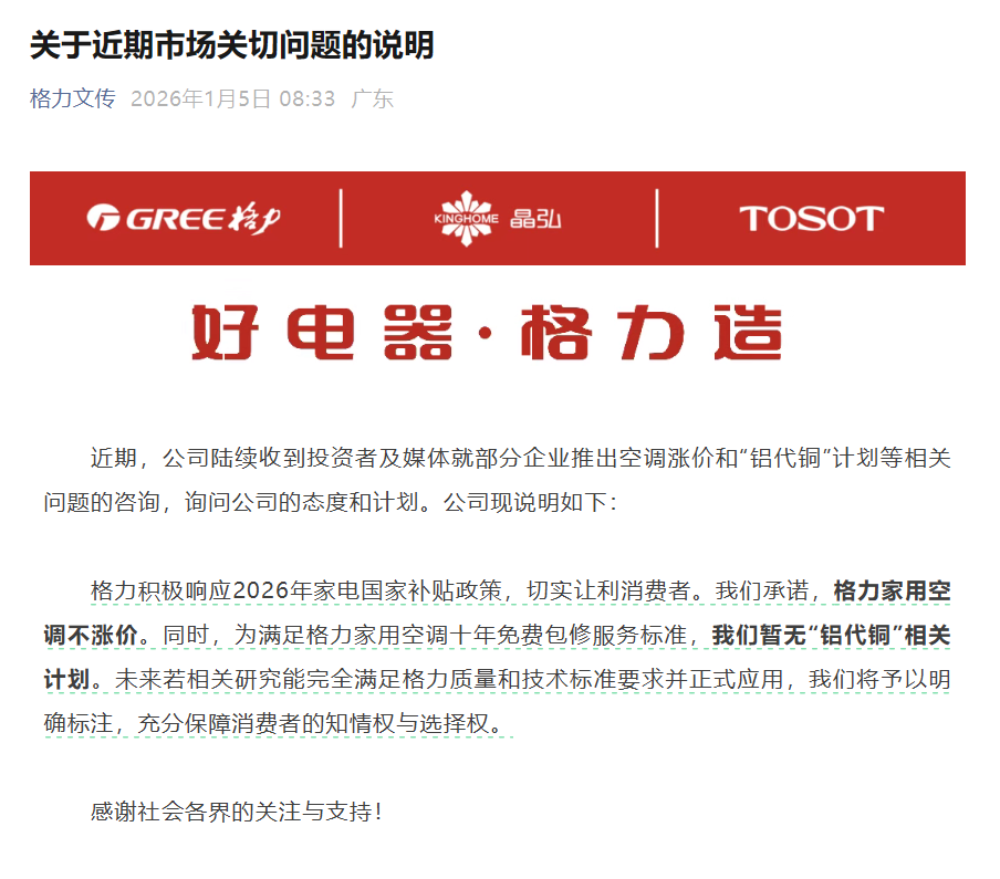 格力电器承诺家用空调不涨价 重申暂不采用“铝代铜”技术