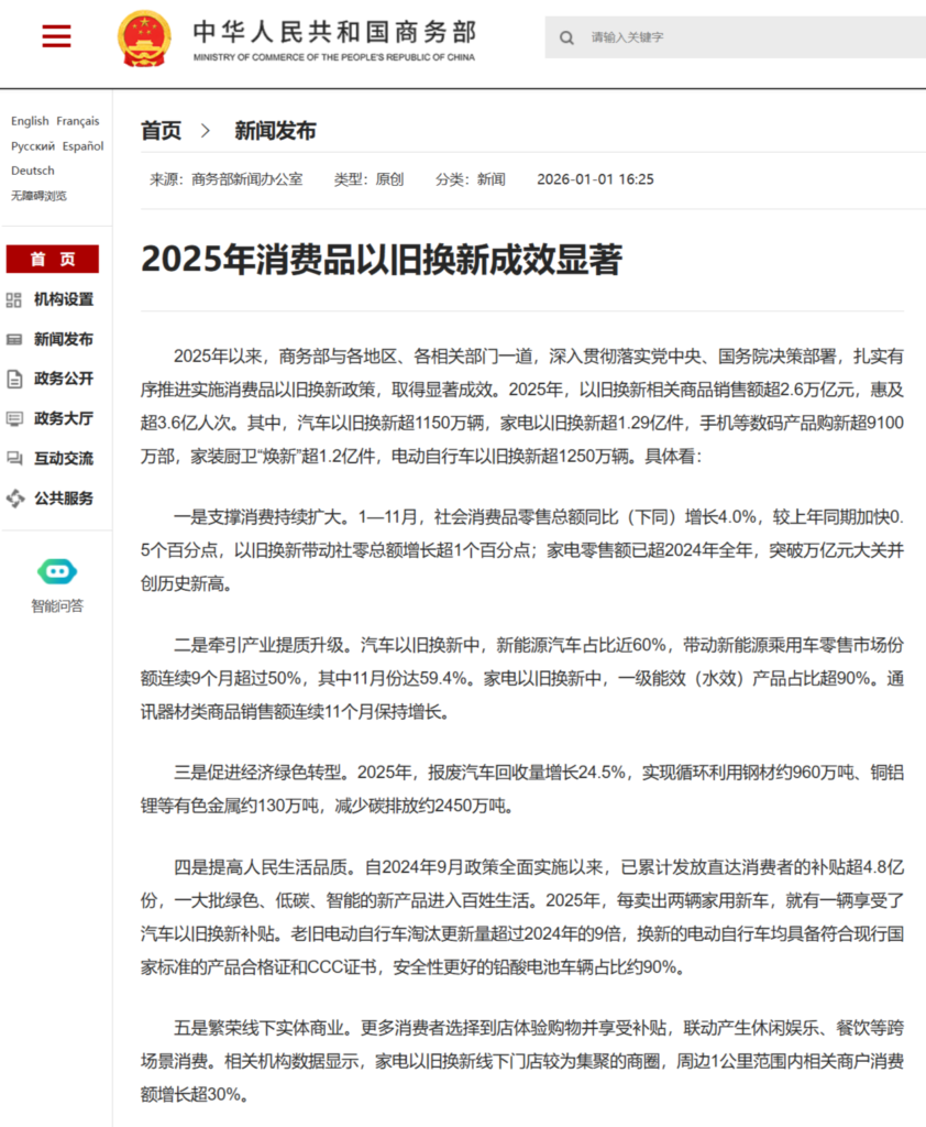 商务部：2025年消费品以旧换新政策成效显著