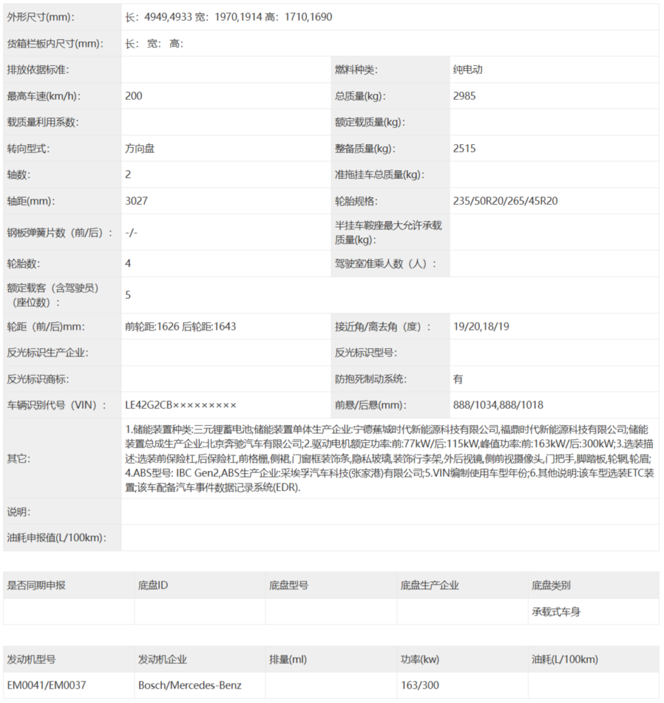北京奔驰纯电GLC国产版申报信息