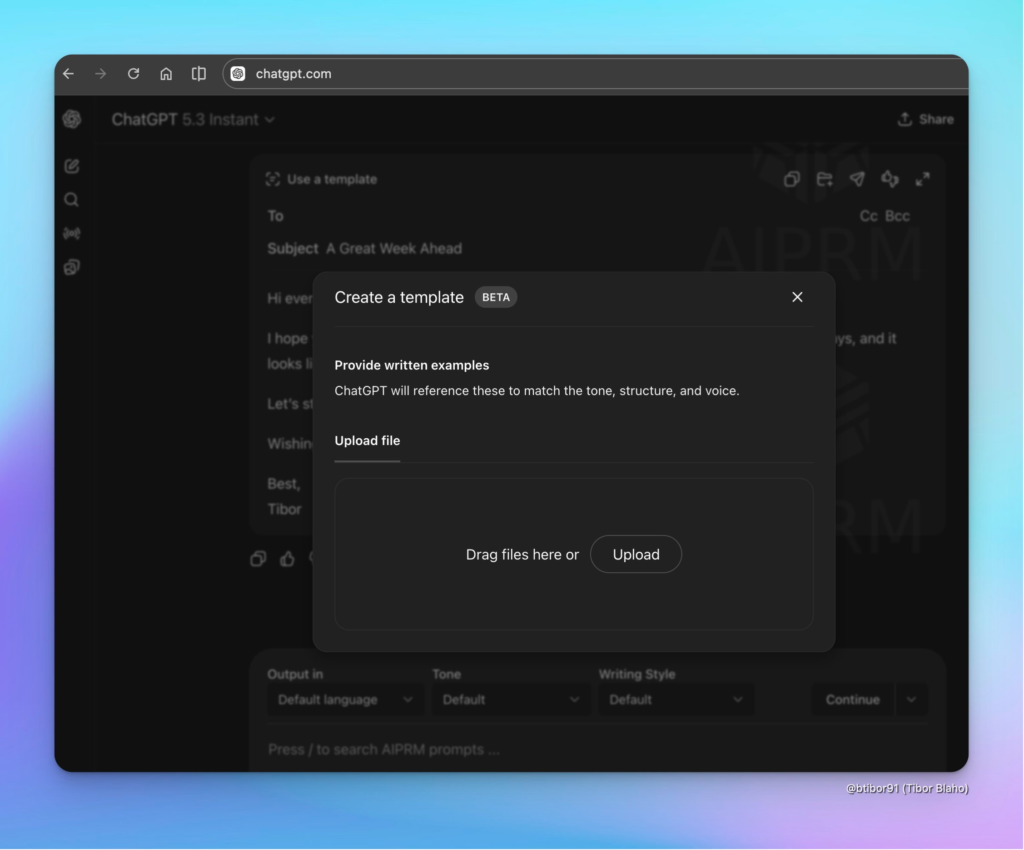 OpenAI测试ChatGPT“创建模板”功能，支持上传样本复刻个人文风