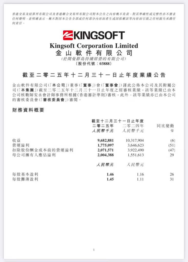 金山软件2025年财报