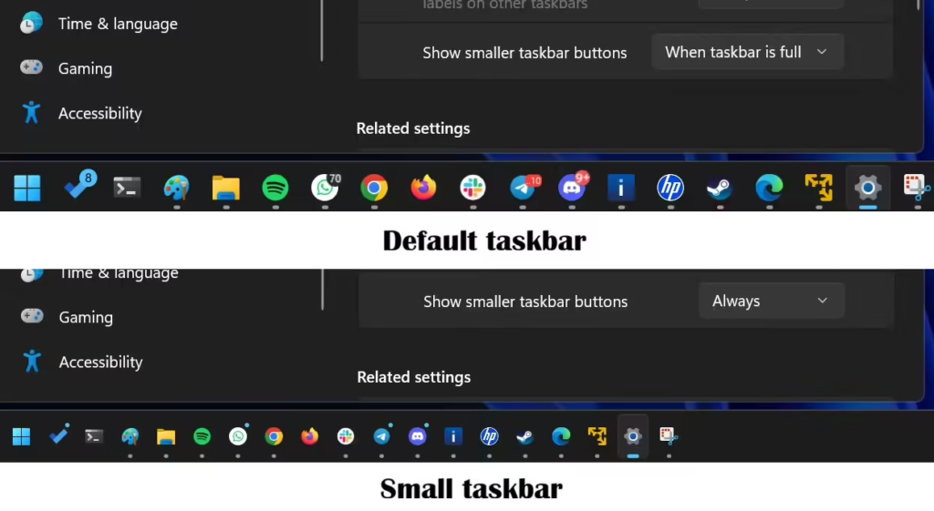 Windows 11 开启“显示较小任务栏按钮”效果