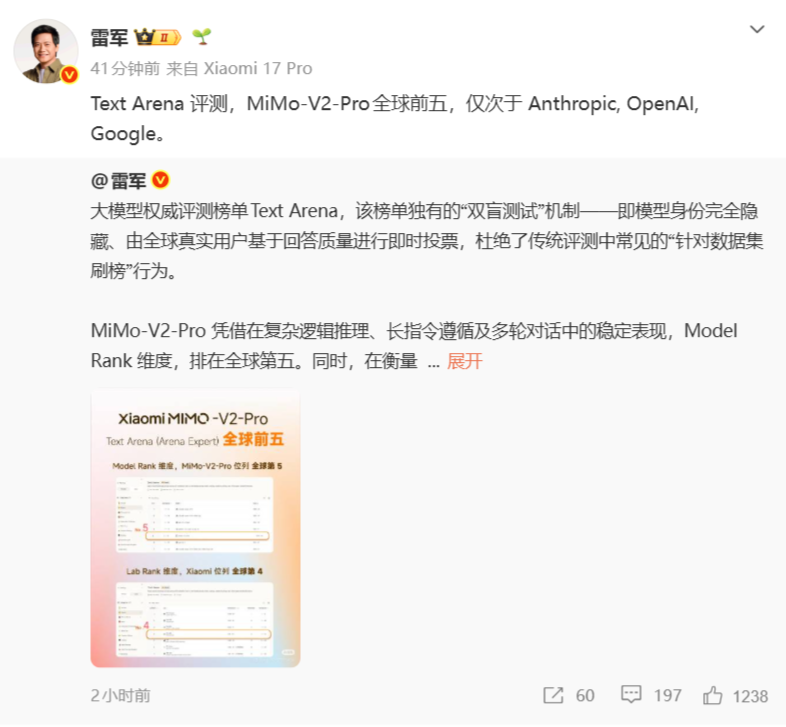 小米 MiMo-V2-Pro 双榜杀入全球前五