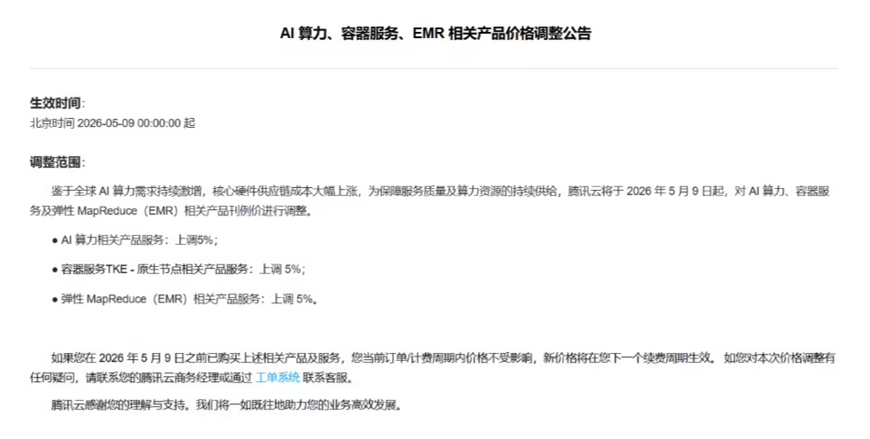 腾讯云宣布 AI 算力等产品涨价 5%