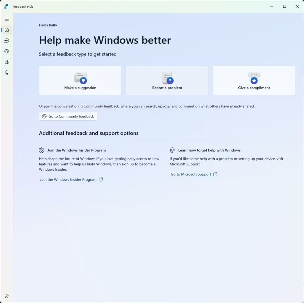 全新的windows反馈中心主页，用户可以在这里提交建议、问题