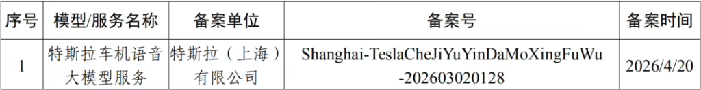 特斯拉车机语音大模型在上海完成备案