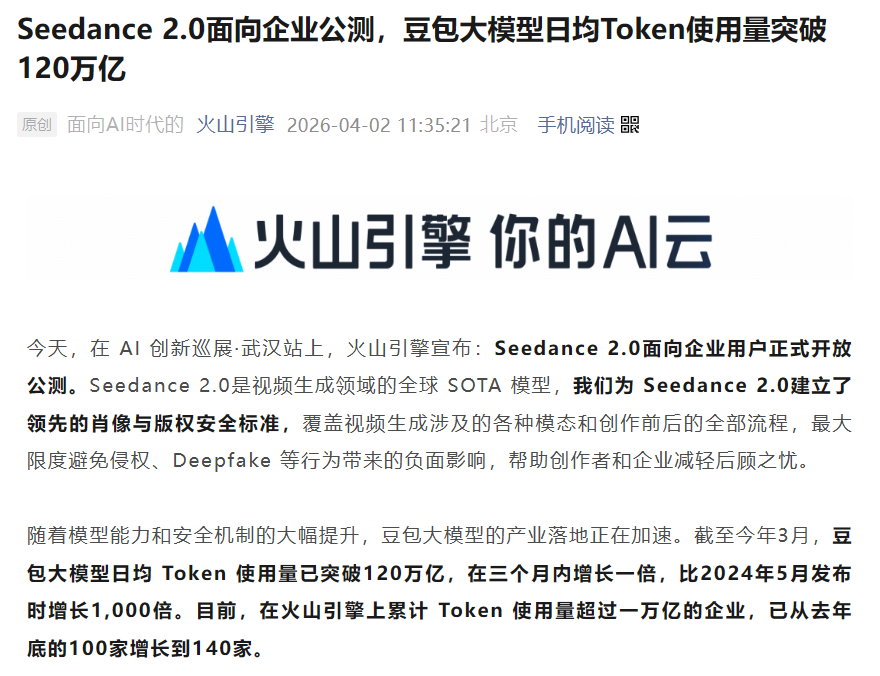 火山引擎 Seedance 2.0 API 开启企业公测 豆包大模型日均 Token 使用量破 120 万亿
