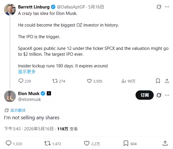 SpaceX锁定6月12日上市，马斯克承诺“一股不卖”
