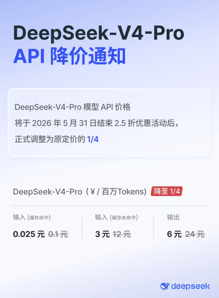 DeepSeek-V4-Pro API永久降价:调为原价1/4