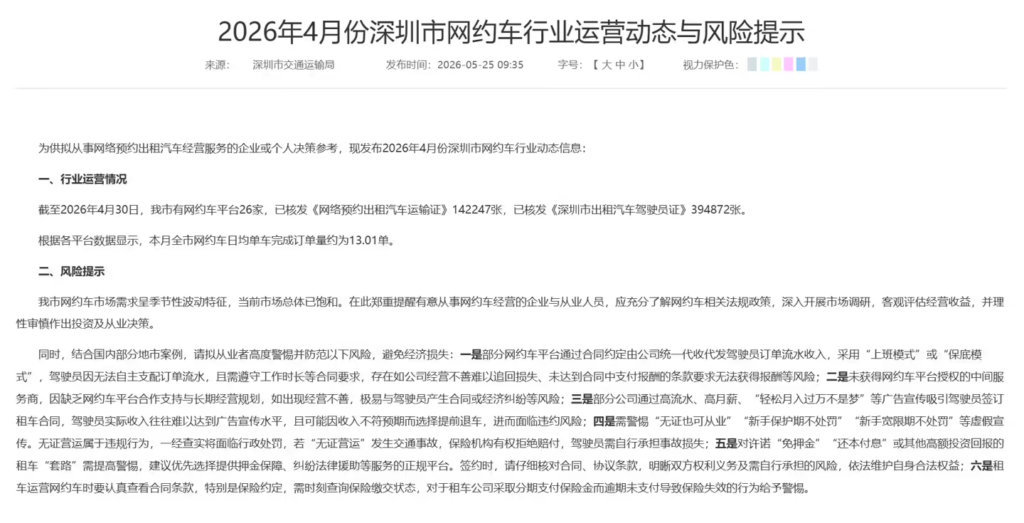 深圳网约车市场饱和预警：日均仅13单，官方提示六大入行风险