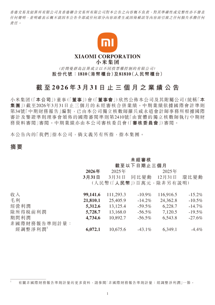 小米集团2026年Q1财报