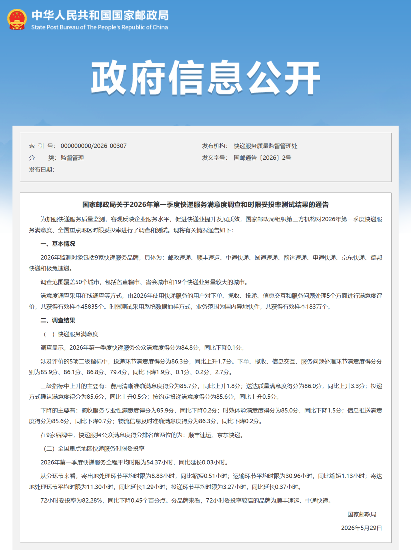 国家邮政局关于2026年第一季度快递服务满意度调查和时限妥投率测试结果的通告