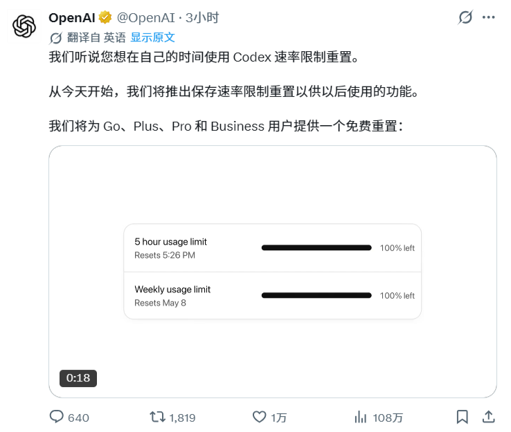 OpenAI Codex 启动限时推广:邀请好友可获免费重置使用量权限