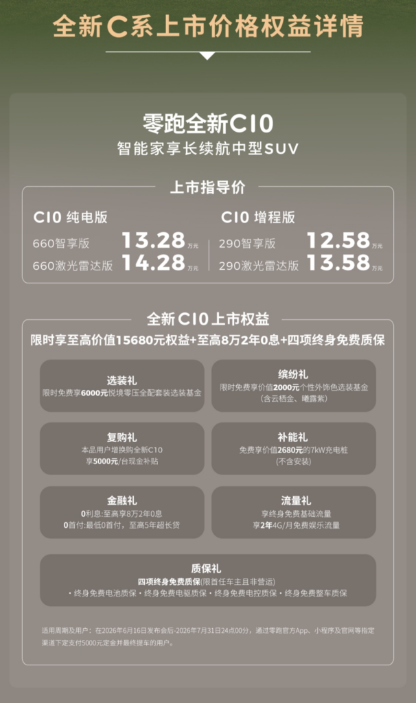 零跑全新C10/C11/C16上市:C10起售12.58万,全系标配激光雷达与800V高压平台