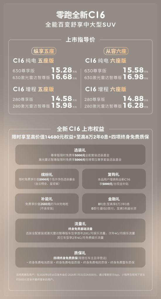 零跑全新C10/C11/C16上市:C10起售12.58万,全系标配激光雷达与800V高压平台