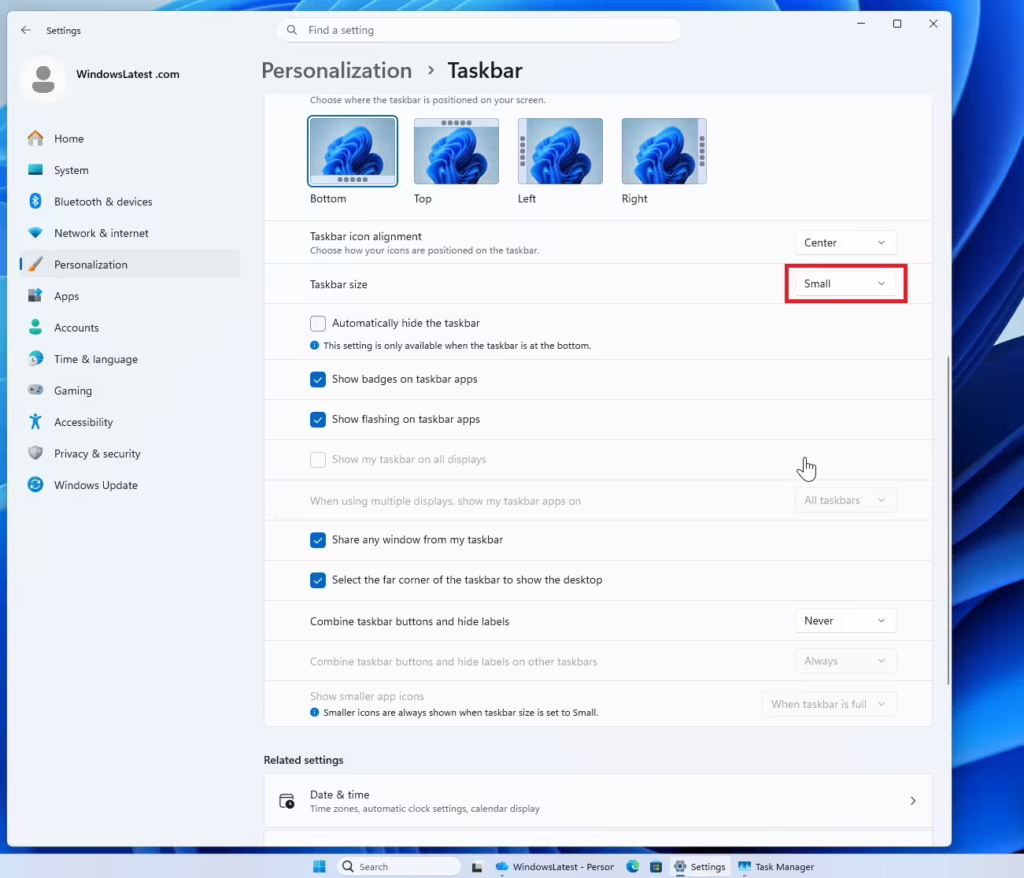Win11 预览版新增“紧凑任务栏”选项