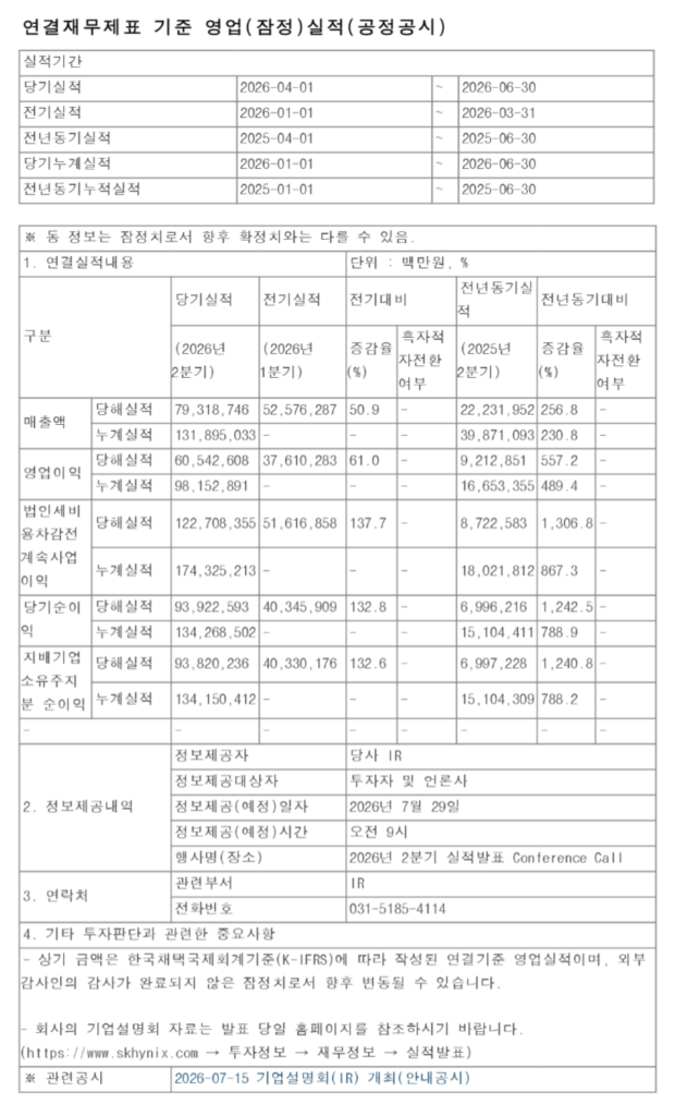 SK 海力士 2026 财年 Q2财报