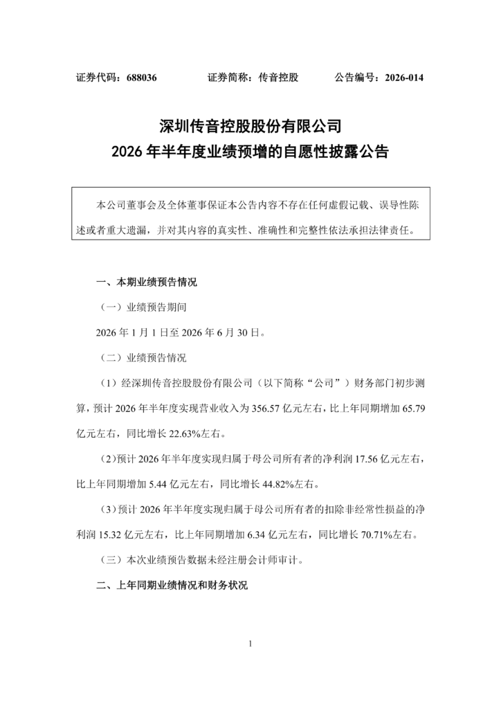 传音控股 2026 上半年业绩公告