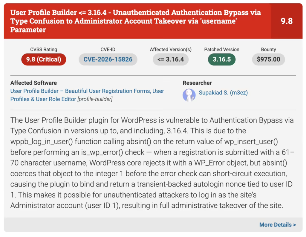 WordPress插件User Profile Builder曝CVE-2026-15826类型混淆漏洞