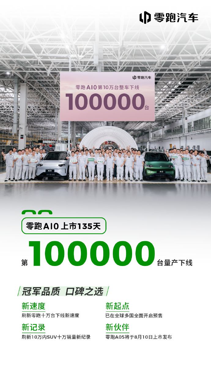 零跑A10上市135天第10万台下线 6.58万起小型SUV刷十万内纪录
