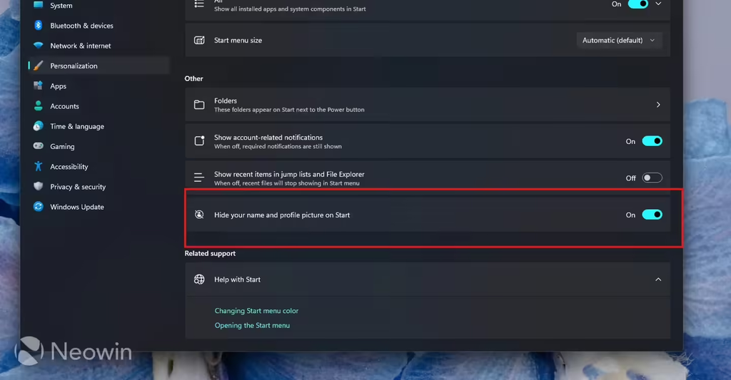 Win11新增开始菜单隐藏账号头像、名称开关,方便录屏与屏幕共享
