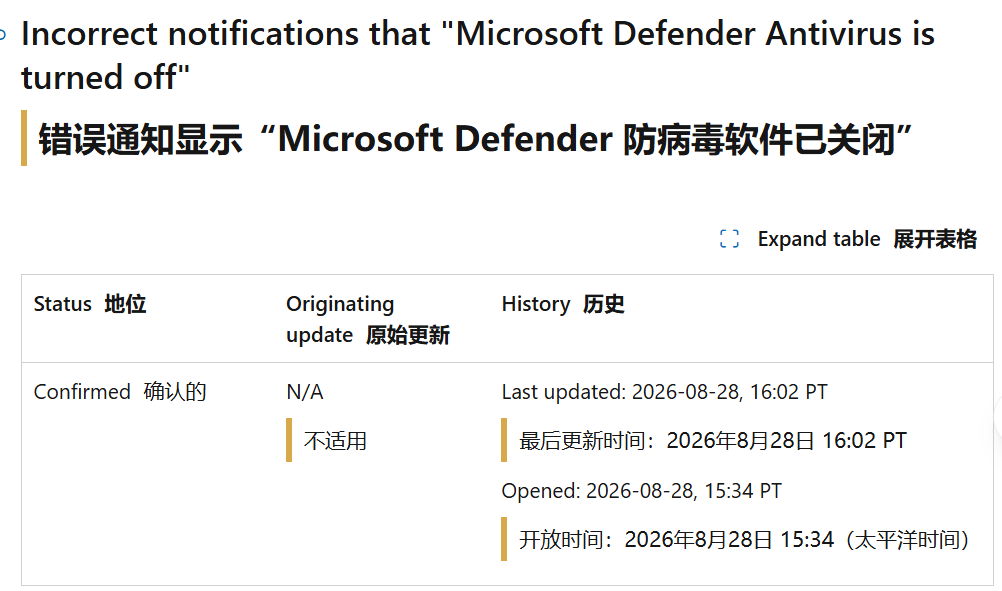 微软确认Win10/Win11 Defender出现误报：提示防病毒已关闭但实际功能正常