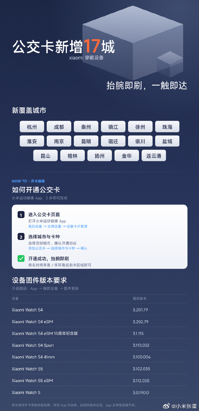 小米穿戴公交卡扩容新增17座城市,适配多款小米智能手表