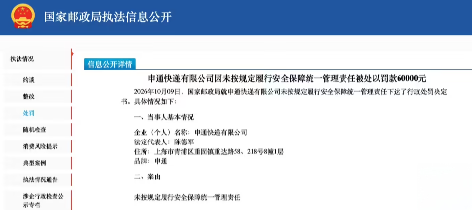 申通快递未履行安全保障统一管理责任，被国家邮政局罚款6万元